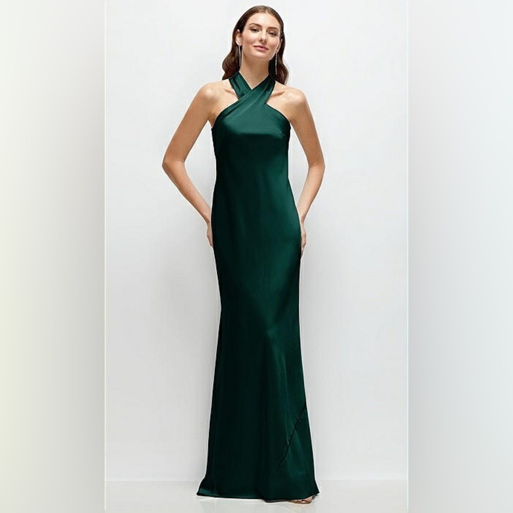 PLEATED HALTER BIAS SATIN MAXI DRESS WITH SELF-TIE BOW BACK IN EVERGREEN